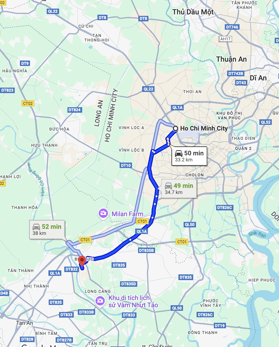 Map showing driving routes from Ho Chi Minh City to Bến Lức with estimated travel times of 49, 50, and 52 minutes along different routes.