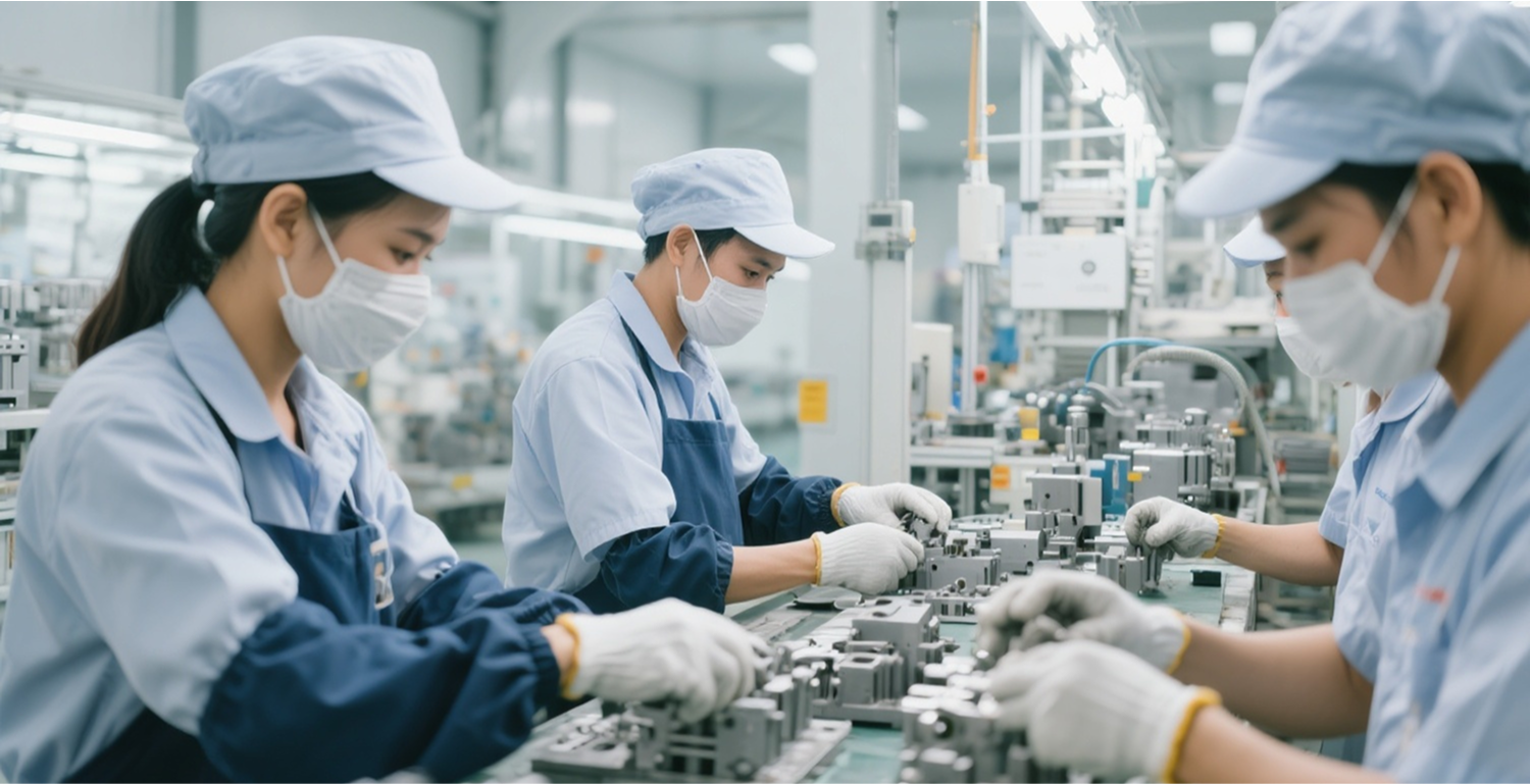 Factory workers wearing masks, gloves, and caps assembling machinery components on a production line.